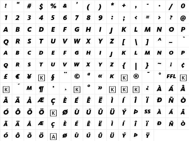 Kievit Italic  glyph index