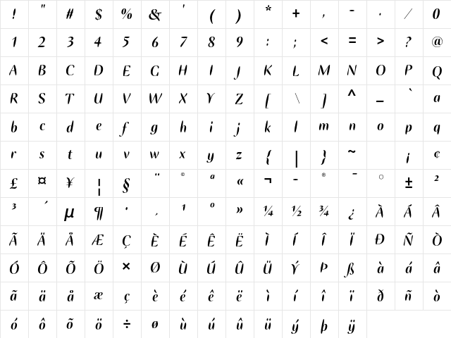 Ellipse ITC Std Bold Italic  glyph index