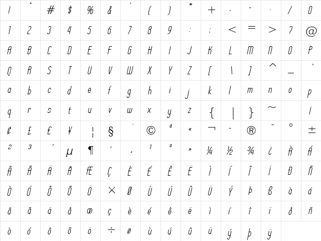 Operator Nine BTN Oblique  glyph index