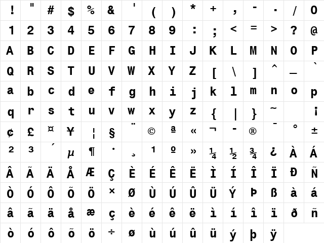 Monospac821 BT Bold  glyph index