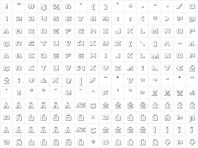 Trans-America 3D Regular  glyph index