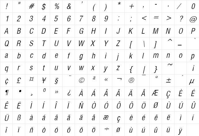 CorporateCondensed LightOblique  glyph index