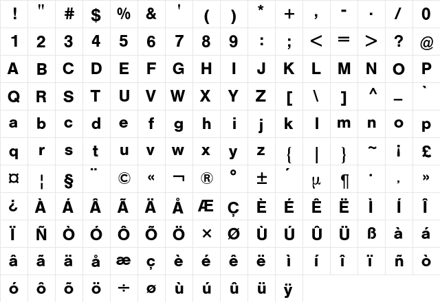 Helvetica BQ Regular  glyph index