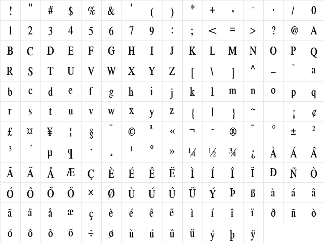 Xerox Serif Narrow Regular  glyph index