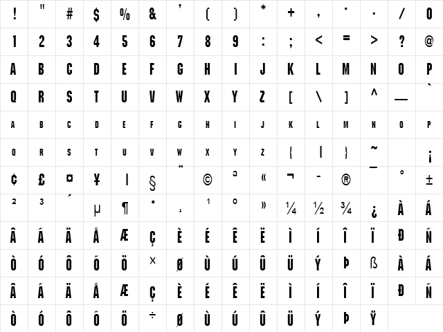 Block Condensed Bold  glyph index