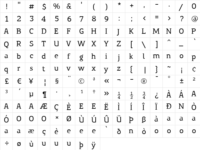 PreciousSerif Regular  glyph index