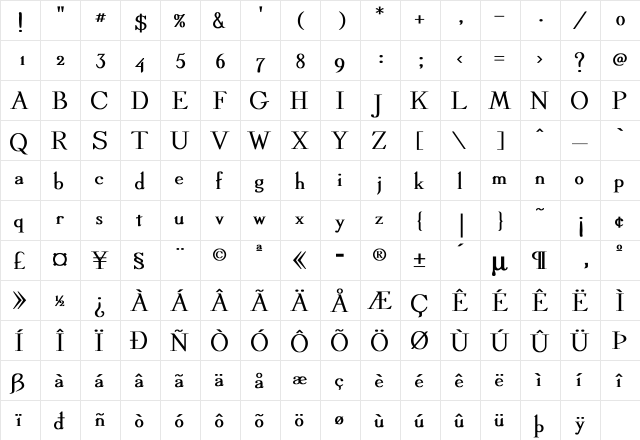 Linden Bold  glyph index