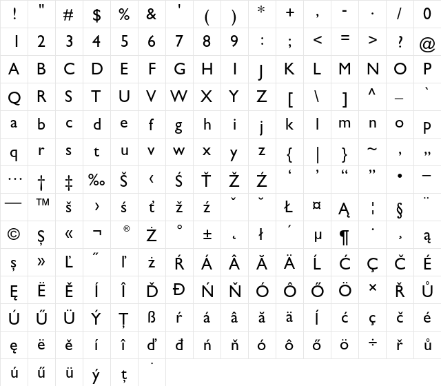 Gill Sans CE Roman  glyph index