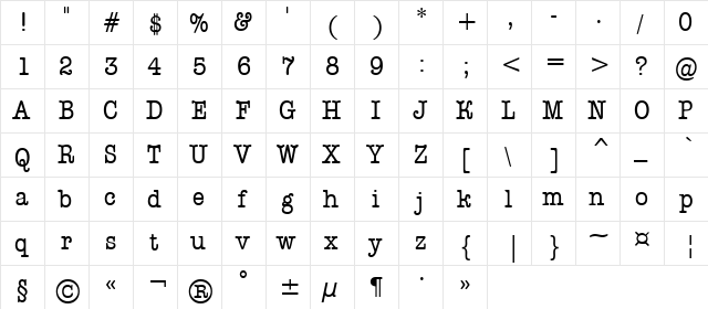 a_OldTyperNr Regular  glyph index