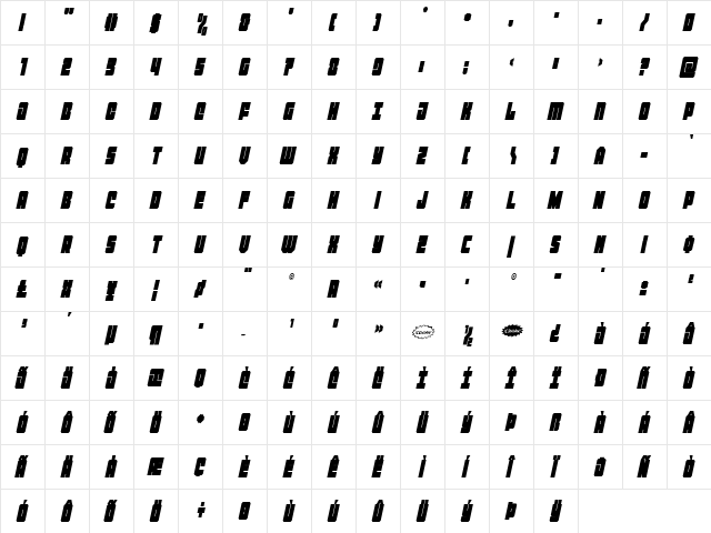 Homebase Condensed Italic Regular  glyph index