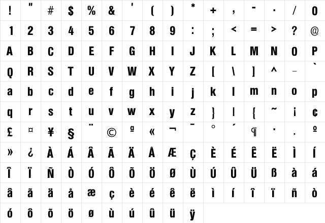 Colympia Bold  glyph index