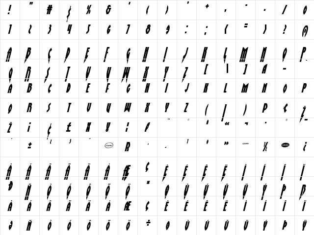 Zirconian Condensed Italic Condensed Italic  glyph index