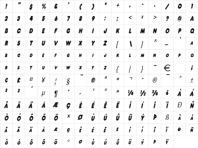 FrancisHighLightedCondensed Italic  glyph index