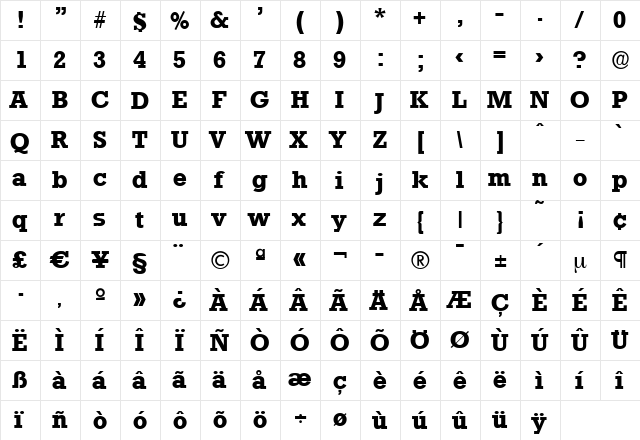 EugeneBecker Bold  glyph index
