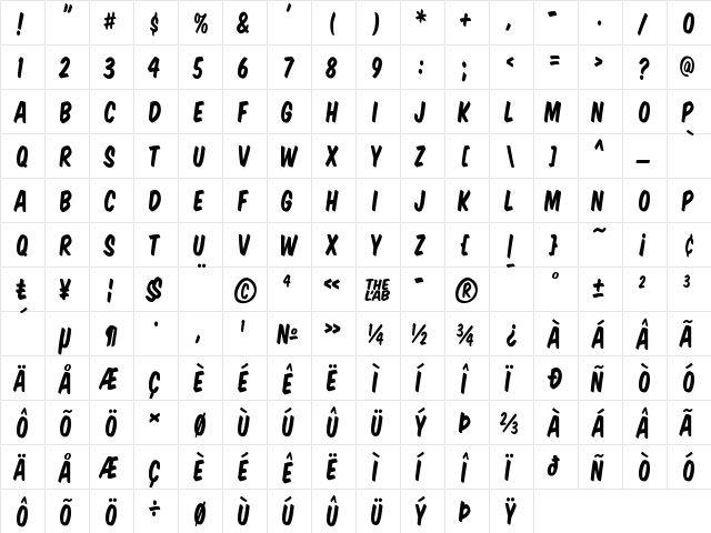 Komika Title Regular  glyph index