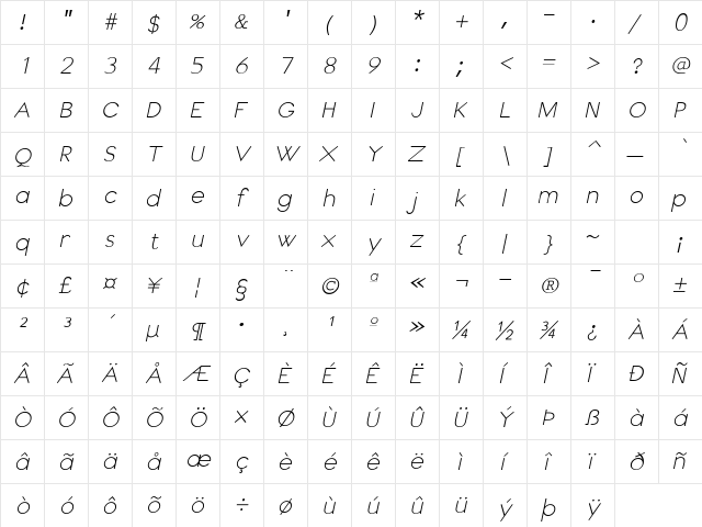 CadetSSK Italic  glyph index