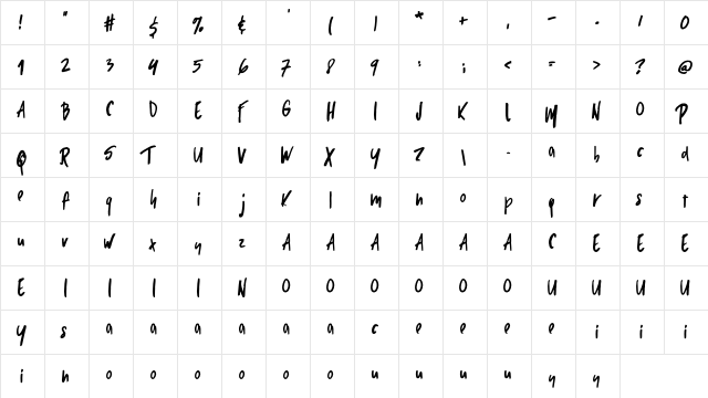 Mick's Regular  glyph index