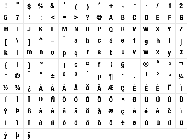 Helvetica Neue LT Std 77 Bold Condensed  glyph index