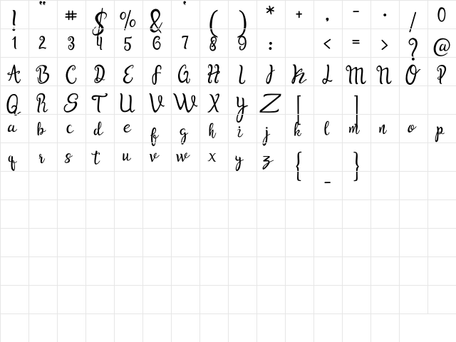 Bella Dahlia Regular  glyph index