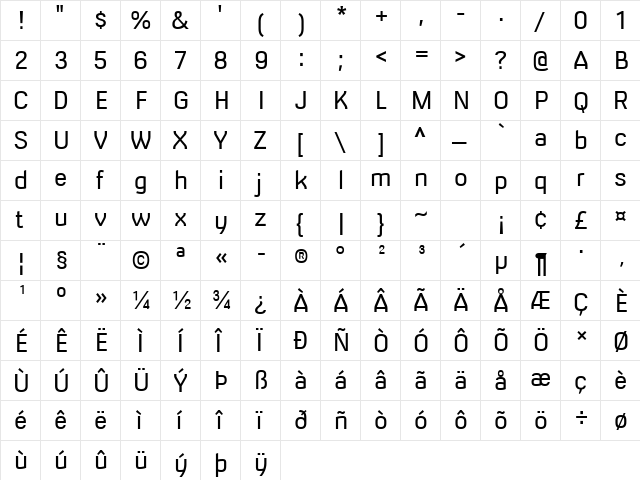 Milibus Lt Regular  glyph index