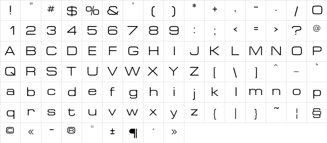 EuropeExtendedC Regular  glyph index