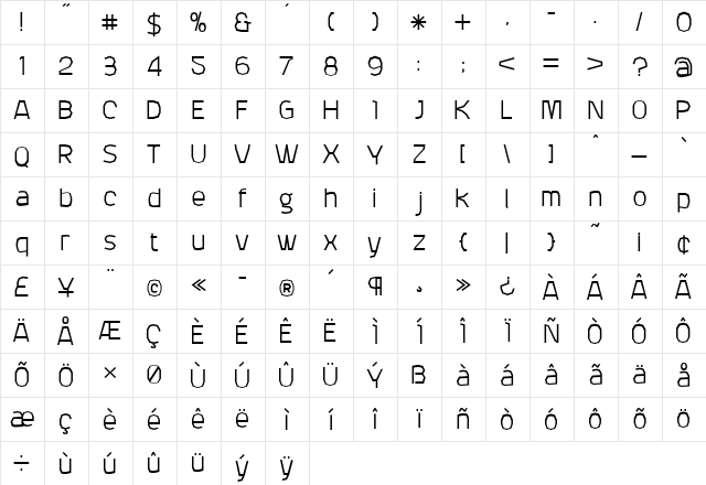 Attac Regular  glyph index
