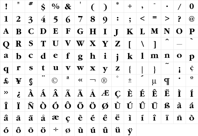 Garamond Bold  glyph index