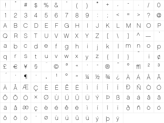 Chalet Medium  glyph index