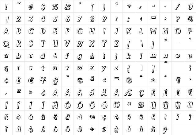 JacobBeckerShadow BoldItalic  glyph index