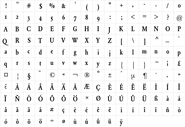 GaramondCondensedExpertBQ Regular  glyph index