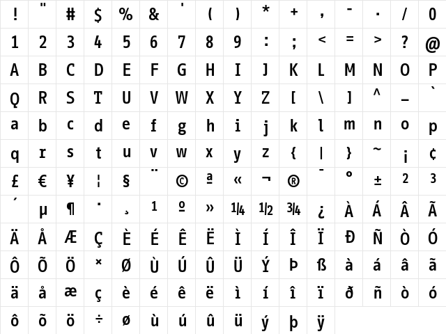 InfoOffice Bold  glyph index