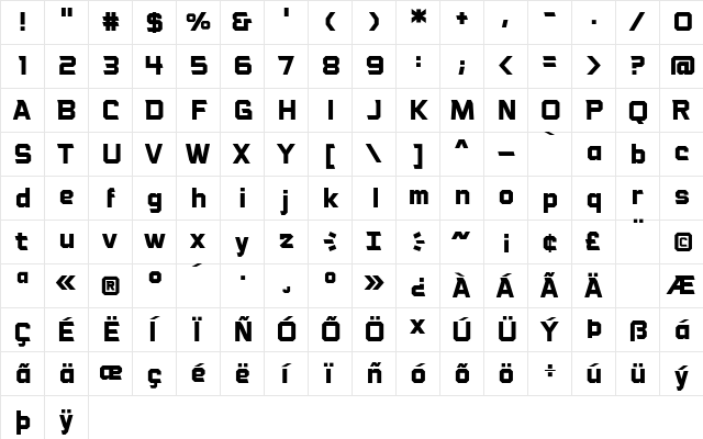 Voice Activated BB Bold  glyph index