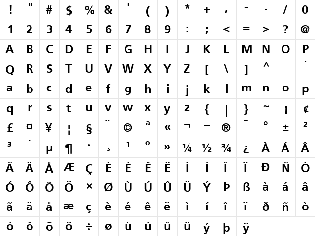 Frutiger65 Bold  glyph index