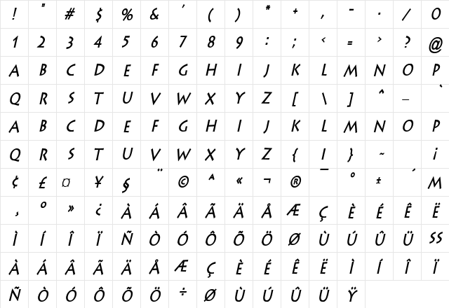 Liste Condensed Bold Italic  glyph index