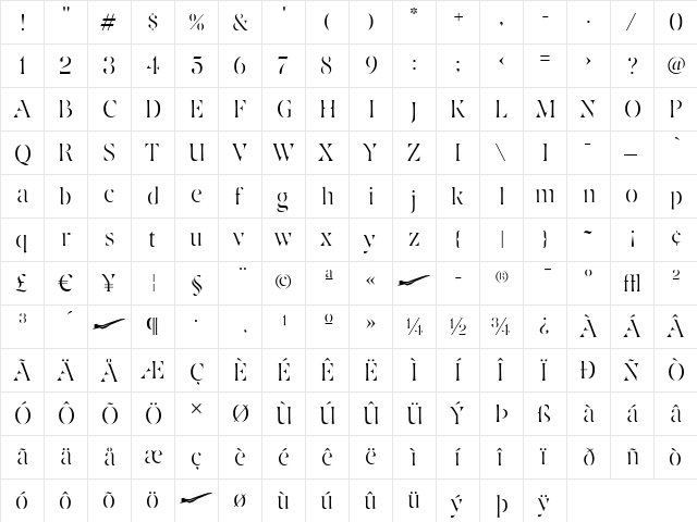 Avia-Light Regular  glyph index