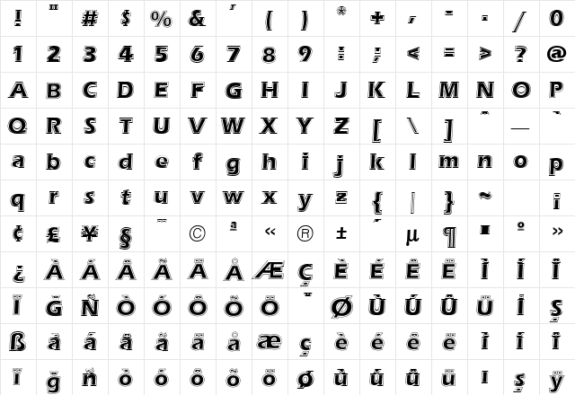 TR Erie Contour Plain  glyph index