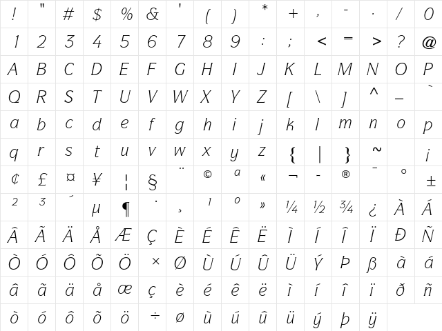 ITC Symbol Std Book Italic  glyph index