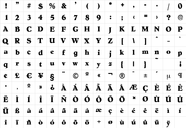 HobokenSerial-Xbold Regular  glyph index