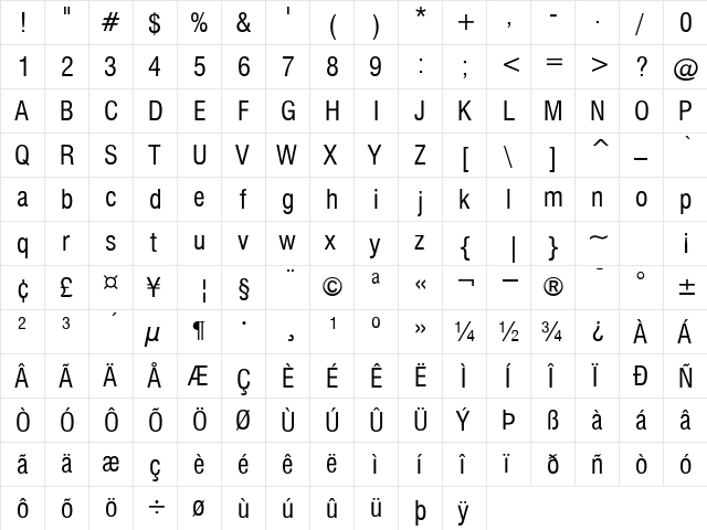 HalvettCondensed Regular  glyph index