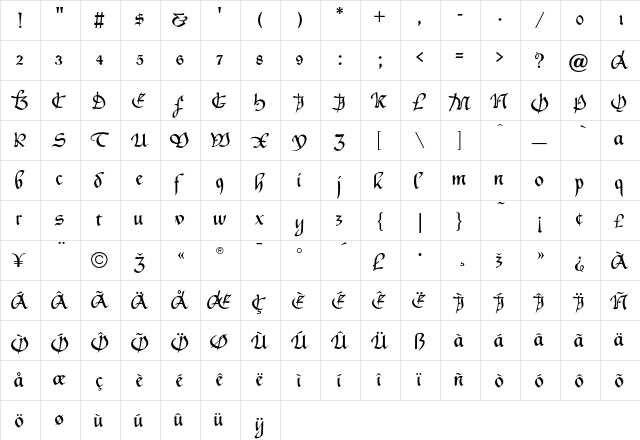 Horloge Regular  glyph index