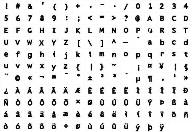 Snuskpk Regular  glyph index