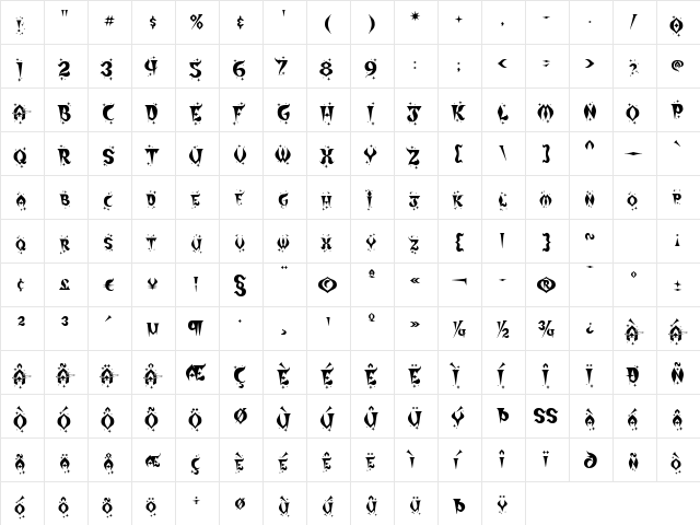 Mirage Zanzibar Regular  glyph index