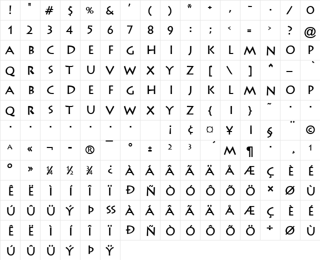 Liste Bold  glyph index