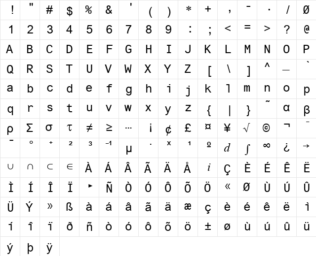 Ti92Pluspc Regular  glyph index