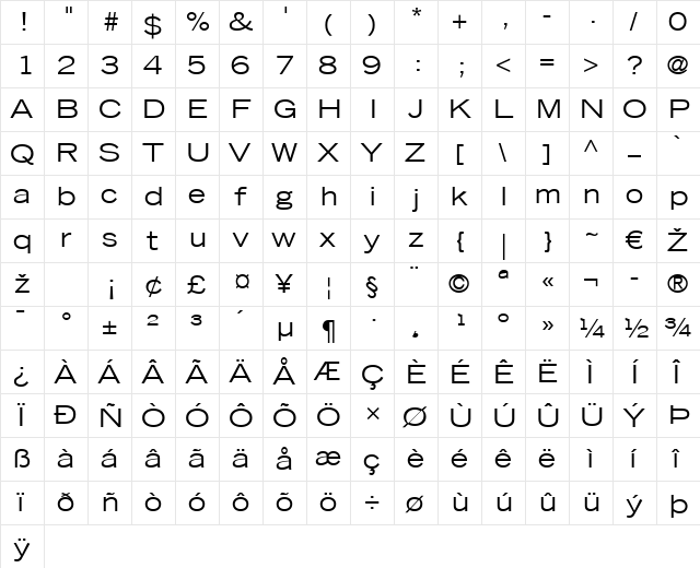 TradeGothic LT Extended Regular  glyph index