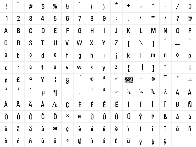 UniversalCondensed Regular  glyph index