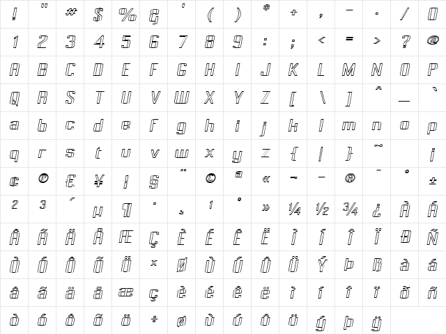 Pecot Outline Oblique Regular  glyph index