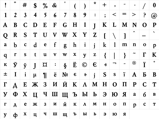 Mysl Bold  glyph index