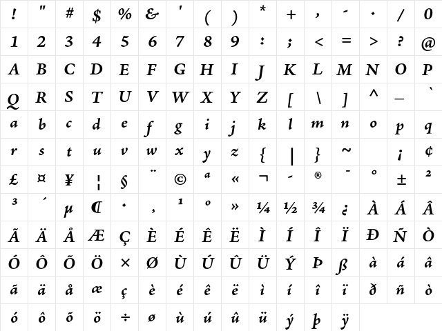 Adobe Jenson Pro Bold Italic Caption  glyph index