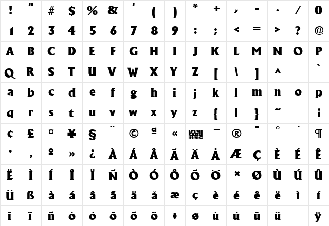 AlbertaHeavy Regular  glyph index